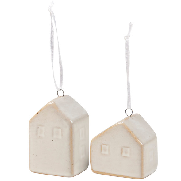 Set of 2 Decorative Stoneware Hanging Ornaments - Winter Houses from Primitives by Kathy