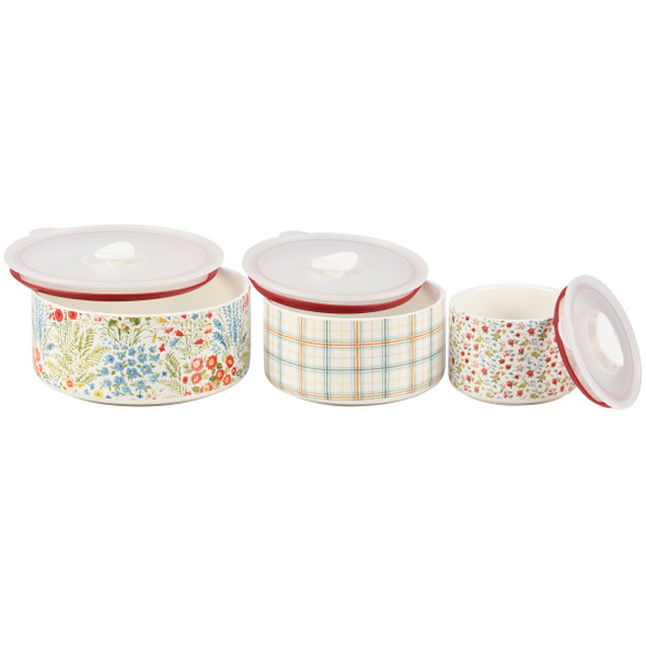 Set of 3 Ceramic Serving Bowls With Lids - Floral Pattern Design - Garden Collection from Primitives by Kathy