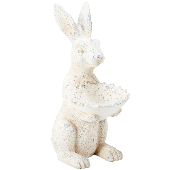 Large White Wash Stoneware Bunny Rabbit Figurine Holding Bird Feeder 19.25 Inch from Primitives by Kathy