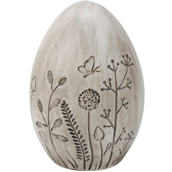 Stoneware Egg Figurine - Debossed Flowers & Butterfly Design 5.25 In - Easter & Spring Collection from Primitives by Kathy