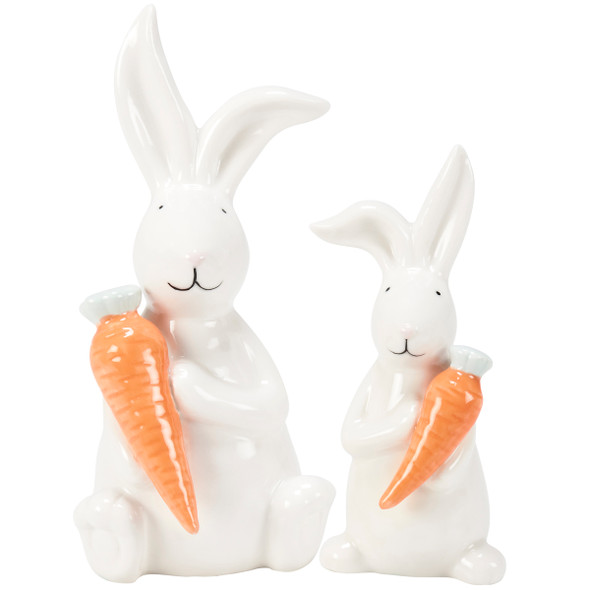 Set of 2 White Stoneware Bunny Rabbits Holding Carrots Figurines from Primitives by Kathy