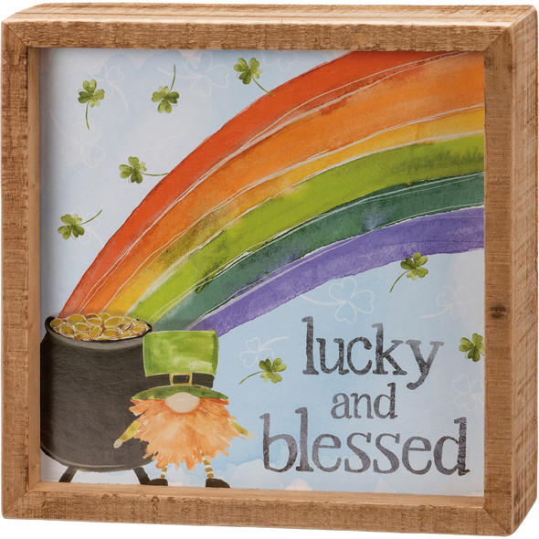 Leprechaun Rainbow Pot of Gold Lucky And Blessed Decorative Inset Wooden Box Sign 7x7 from Primitives by Kathy