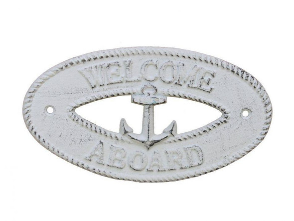 Handcrafted Whitewashed Cast Iron Welcome Aboard with Anchor Sign 8" from Hampton Creations Handcrafted Whitewashed Cast Iron Welcome Aboard with Anchor Sign 8" from Hampton Creations