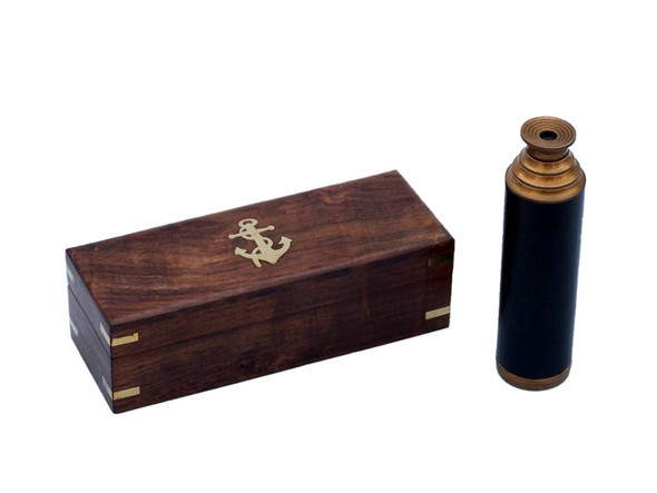 Handcrafted Deluxe Class Antique Brass Captains Spyglass Telescope with Leather 15" and Rosewood Box from Hampton Creations Handcrafted Deluxe Class Antique Brass Captains Spyglass Telescope with Leather 15" and Rosewood Box from Hampton Creations