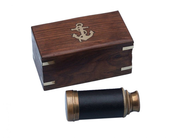 Handcrafted Deluxe Class Scout's Antique Brass Leather Spyglass Telescope 7" with Rosewood Box from Hampton Creations Handcrafted Deluxe Class Scout's Antique Brass Leather Spyglass Telescope 7" with Rosewood Box from Hampton Creations