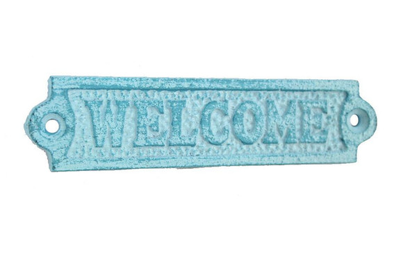 Handcrafted Rustic Light Blue Whitewashed Cast Iron Welcome Sign 6" from Hampton Creations Handcrafted Rustic Light Blue Whitewashed Cast Iron Welcome Sign 6" from Hampton Creations