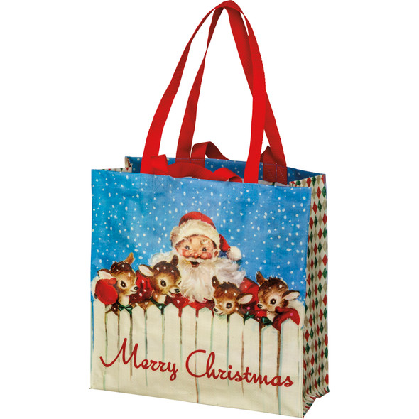 Santa & Reindeer Merry Christmas Double Sided Shopping Market Tote Bag from Primitives by Kathy