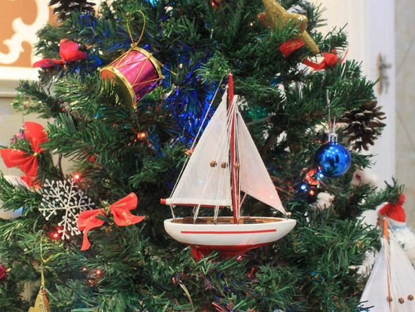 Handcrafted Wooden Red Sailboat Model Christmas Tree Ornament 9" from Hampton Creations