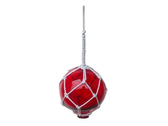 Handcrafted Red Japanese Glass Ball Fishing Float With White Netting Decoration 4" from Hampton Creations Handcrafted Red Japanese Glass Ball Fishing Float With White Netting Decoration 4" from Hampton Creations