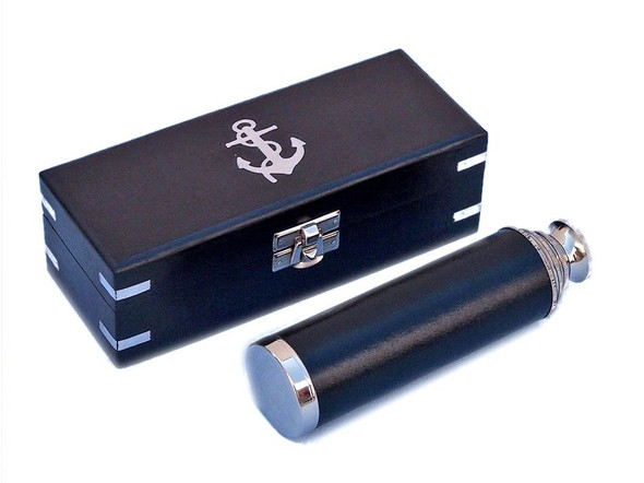 Handcrafted Deluxe Class Captain's Chrome - Leather Spyglass Telescope 14" with Black Rosewood Box from Hampton Creations Handcrafted Deluxe Class Captain's Chrome - Leather Spyglass Telescope 14" with Black Rosewood Box from Hampton Creations