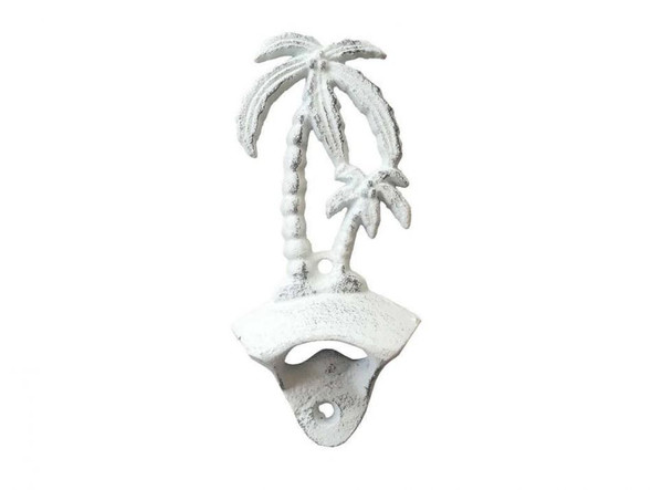 Handcrafted Rustic Whitewashed Cast Iron Wall Mounted Palmtree Bottle Opener 6" from Hampton Creations Handcrafted Rustic Whitewashed Cast Iron Wall Mounted Palmtree Bottle Opener 6" from Hampton Creations