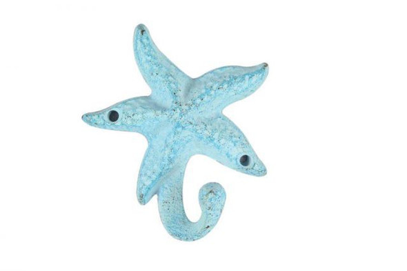 Handcrafted Light Blue Whitewashed Cast Iron Starfish Hook 4" from Hampton Creations Handcrafted Light Blue Whitewashed Cast Iron Starfish Hook 4" from Hampton Creations