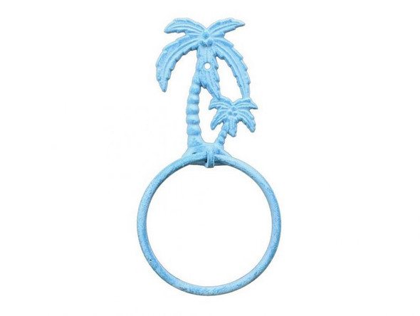 Handcrafted Light Blue Whitewashed Cast Iron Palm Tree Towel Holder 9" from Hampton Creations Handcrafted Light Blue Whitewashed Cast Iron Palm Tree Towel Holder 9" from Hampton Creations