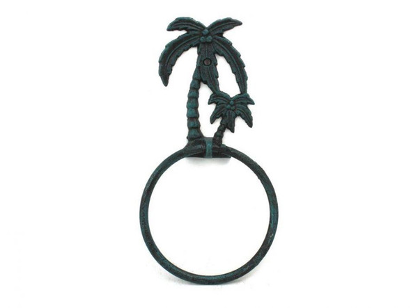 Handcrafted Seaworn Blue Cast Iron Palm Tree Towel Holder 9" from Hampton Creations Handcrafted Seaworn Blue Cast Iron Palm Tree Towel Holder 9" from Hampton Creations