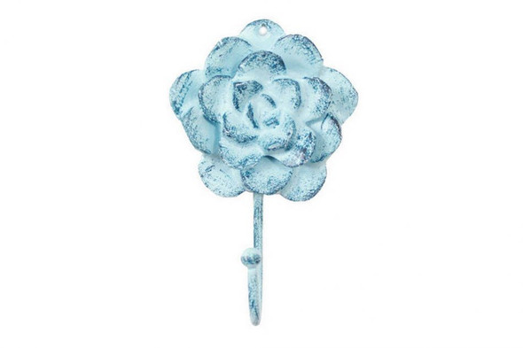 Handcrafted Rustic Dark Blue Whitewashed Cast Iron Decorative Rose Hook 7" from Hampton Creations Handcrafted Rustic Dark Blue Whitewashed Cast Iron Decorative Rose Hook 7" from Hampton Creations