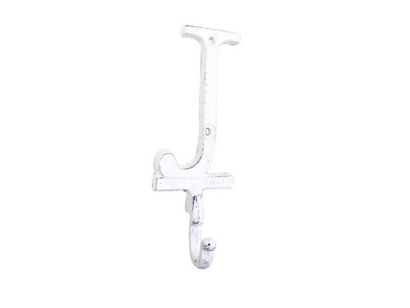 Handcrafted Whitewashed Cast Iron Letter J Alphabet Wall Hook 6" from Hampton Creations