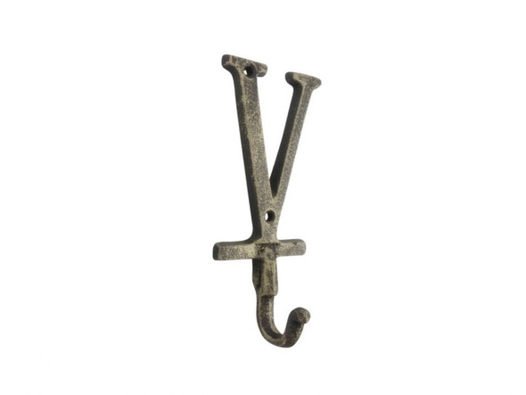 Handcrafted Rustic Gold Cast Iron Letter V Alphabet Wall Hook 6" from Hampton Creations