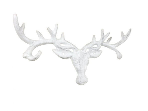 Handcrafted Whitewashed Cast Iron Deer Head Antlers Decorative Metal Wall Hooks 13" from Hampton Creations Handcrafted Whitewashed Cast Iron Deer Head Antlers Decorative Metal Wall Hooks 13" from Hampton Creations