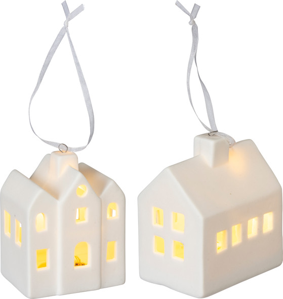 Set of 2 Lighted Stoneware House Ornaments (Battery Operated) from Primitives by Kathy