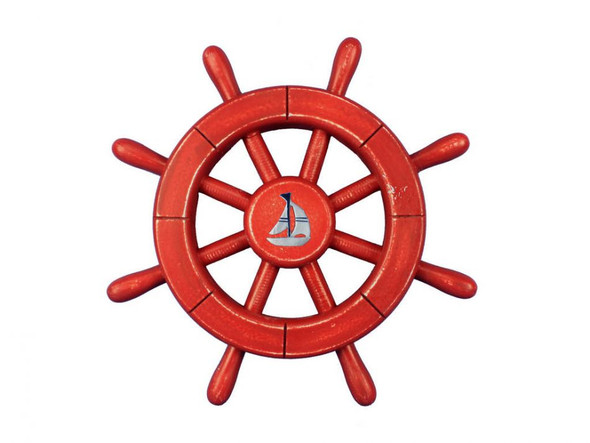 Handcrafted Rustic All Red Decorative Ship Wheel With Sailboat 12" from Hampton Creations Handcrafted Rustic All Red Decorative Ship Wheel With Sailboat 12" from Hampton Creations