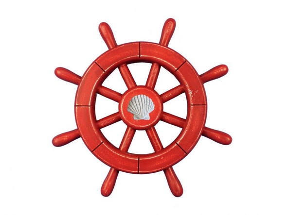 Handcrafted Rustic All Red Decorative Ship Wheel With Seashell 12" from Hampton Creations Handcrafted Rustic All Red Decorative Ship Wheel With Seashell 12" from Hampton Creations