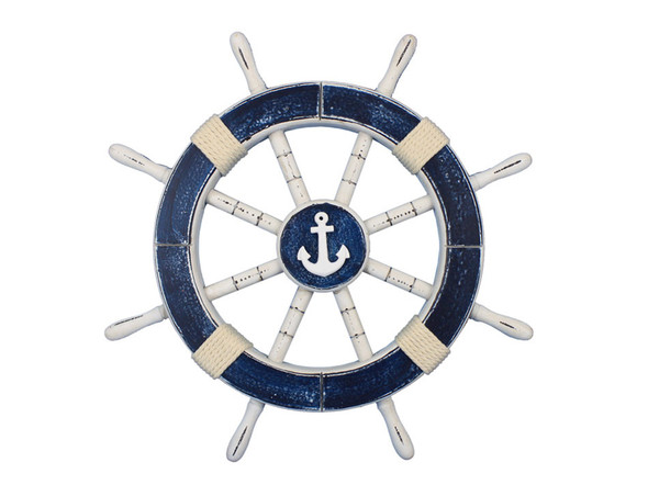 Handcrafted Rustic Dark Blue Decorative Ship Wheel with Anchor 18" from Hampton Creations