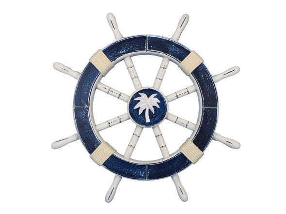 Handcrafted Rustic Dark Blue Decorative Ship Wheel with Palm Tree 18" from Hampton Creations Handcrafted Rustic Dark Blue Decorative Ship Wheel with Palm Tree 18" from Hampton Creations