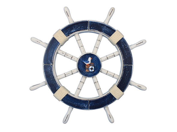 Handcrafted Rustic Dark Blue Decorative Ship Wheel with Seagull and Lifering 18" from Hampton Creations Handcrafted Rustic Dark Blue Decorative Ship Wheel with Seagull and Lifering 18" from Hampton Creations