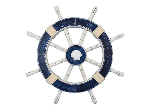 Handcrafted Rustic Dark Blue Decorative Ship Wheel with Seashell 18" from Hampton Creations Handcrafted Rustic Dark Blue Decorative Ship Wheel with Seashell 18" from Hampton Creations