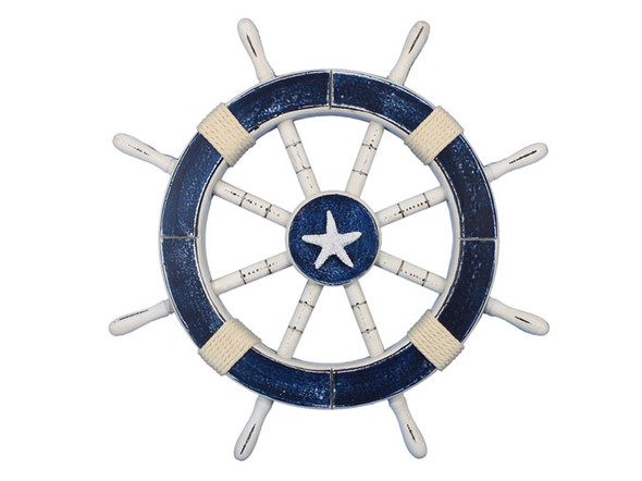 Handcrafted Rustic Dark Blue Decorative Ship Wheel with Starfish 18" from Hampton Creations Handcrafted Rustic Dark Blue Decorative Ship Wheel with Starfish 18" from Hampton Creations