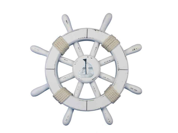 Handcrafted Rustic White Decorative Ship Wheel With Sailboat 12" from Hampton Creations