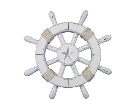 Handcrafted Rustic White Decorative Ship Wheel With Starfish 12" from Hampton Creations Handcrafted Rustic White Decorative Ship Wheel With Starfish 12" from Hampton Creations
