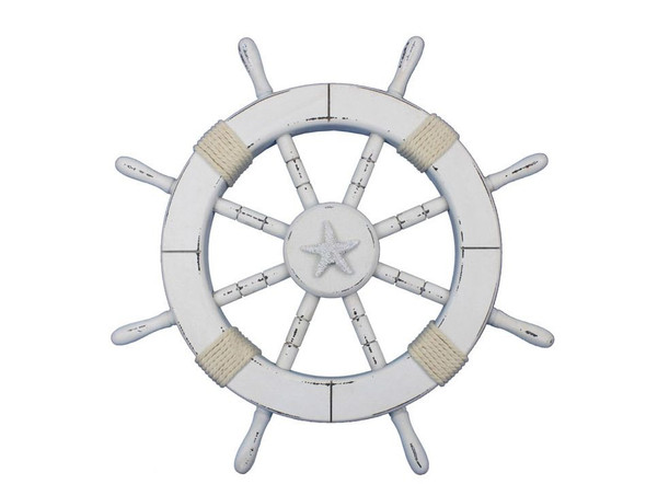 Handcrafted Rustic White Decorative Ship Wheel with Starfish 18" from Hampton Creations
