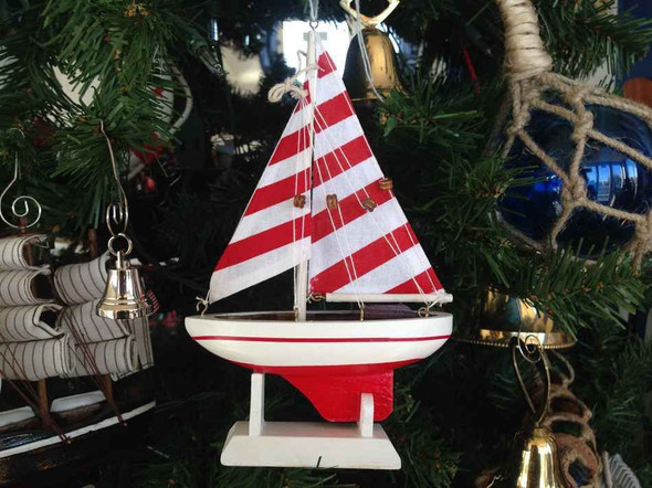 Handcrafted Wooden Red Striped Sailboat Model Christmas Tree Ornament from Hampton Creations