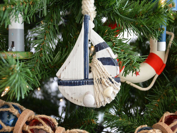 Handcrafted Wooden Rustic Blue Sailboat Model Christmas Tree Ornament from Hampton Creations