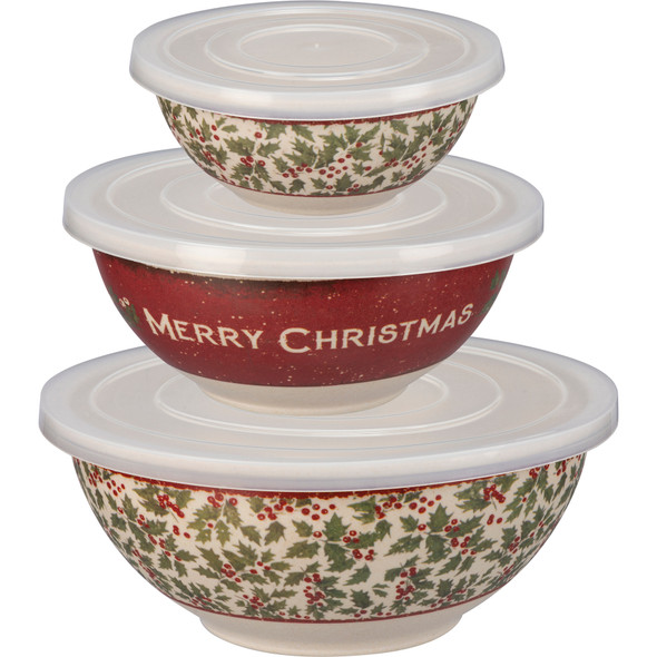 Set of 3 Nesting Merry Christmas Bamboo Fiber Bowls With Lids from Primitives by Kathy