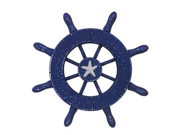 Handcrafted Rustic Dark Blue Decorative Ship Wheel With Starfish 6" from Hampton Creations