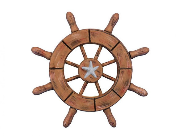 Handcrafted Rustic Wood Finish Decorative Ship Wheel With Starfish 6" from Hampton Creations Handcrafted Rustic Wood Finish Decorative Ship Wheel With Starfish 6" from Hampton Creations