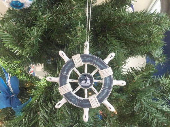 Handcrafted Rustic Dark Blue and White Decorative Ship Wheel With Sailboat Christmas Tree Ornament 6" from Hampton Creations Handcrafted Rustic Dark Blue and White Decorative Ship Wheel With Sailboat Christmas Tree Ornament 6" from Hampton Creations