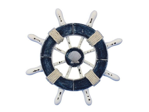 Handcrafted Rustic Dark Blue and White Decorative Ship Wheel With Seashell  6" from Hampton Creations