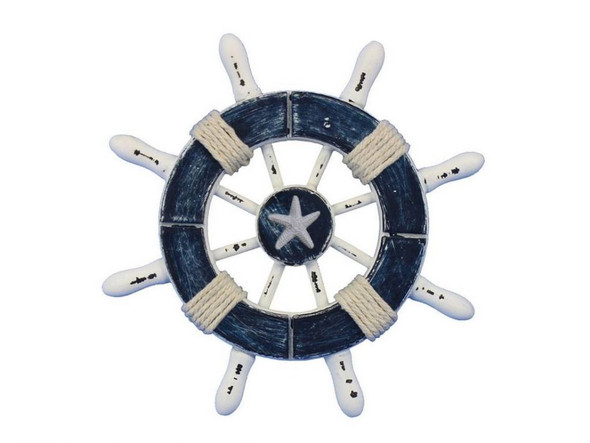 Handcrafted Rustic Dark Blue and White Decorative Ship Wheel With Starfish 6" from Hampton Creations
