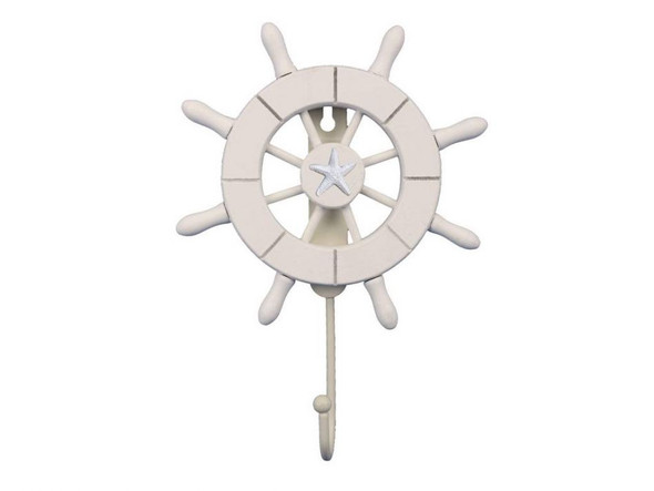 Handcrafted White Decorative Ship Wheel with Starfish and Hook 8" from Hampton Creations