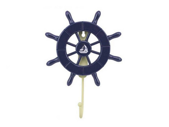 Handcrafted Dark Blue Decorative Ship Wheel with Sailboat and Hook 8" from Hampton Creations
