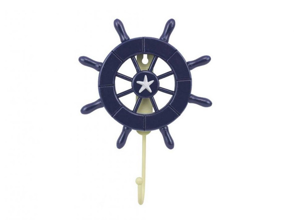 Handcrafted Dark Blue Decorative Ship Wheel with Starfish and Hook 8" from Hampton Creations Handcrafted Dark Blue Decorative Ship Wheel with Starfish and Hook 8" from Hampton Creations
