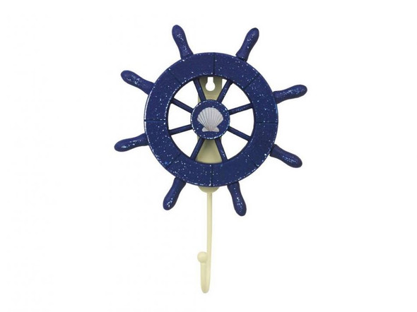 Handcrafted Rustic All Dark Blue Decorative Ship Wheel with Seashell and Hook 8" from Hampton Creations