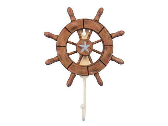 Handcrafted Rustic Wood Finish Decorative Ship Wheel with Starfish and Hook 8" from Hampton Creations