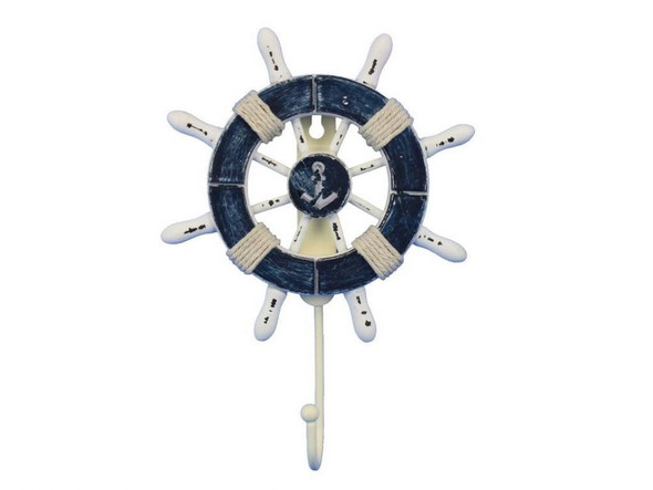 Handcrafted Rustic Dark Blue and White Decorative Ship Wheel with Anchor and Hook 8" from Hampton Creations Handcrafted Rustic Dark Blue and White Decorative Ship Wheel with Anchor and Hook 8" from Hampton Creations