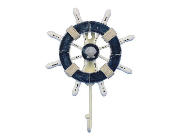 Handcrafted Rustic Dark Blue and White Decorative Ship Wheel with Seashell and Hook 8" from Hampton Creations