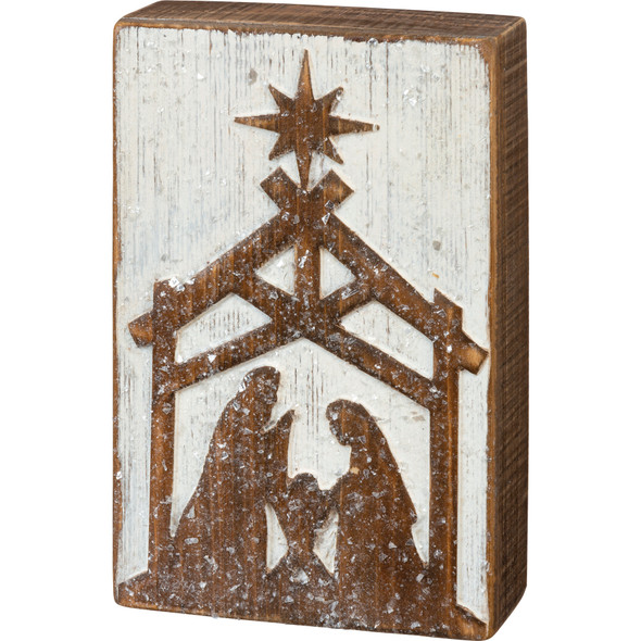 Raised Nativity Scene On White Background Decorative Wooden Box Sign 5 Inch x 7.75 Inch from Primitives by Kathy