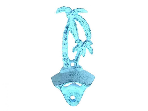 Handcrafted Rustic Dark Blue Whitewashed Cast Iron Wall Mounted Palmtree Bottle Opener 6" from Hampton Creations Handcrafted Rustic Dark Blue Whitewashed Cast Iron Wall Mounted Palmtree Bottle Opener 6" from Hampton Creations